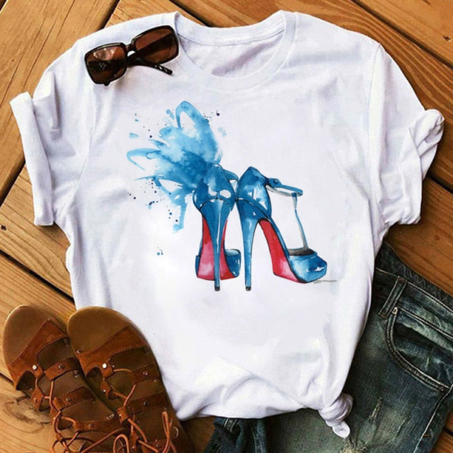 ZOGANKIN Womens Black T-Shirt Summer New Fashion Leopard High Heel Short Sleeve Print Clothes Ladies Graphic Tops Female Clothes