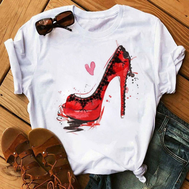 ZOGANKIN Womens Black T-Shirt Summer New Fashion Leopard High Heel Short Sleeve Print Clothes Ladies Graphic Tops Female Clothes