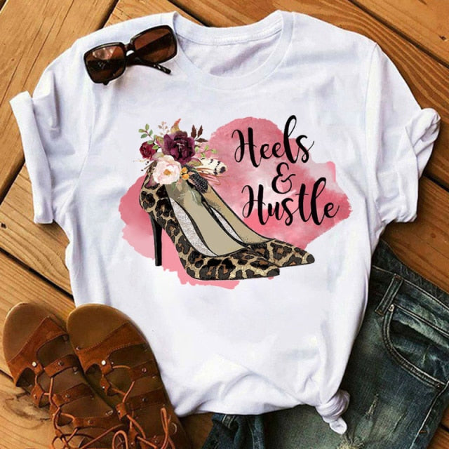 ZOGANKIN Womens Black T-Shirt Summer New Fashion Leopard High Heel Short Sleeve Print Clothes Ladies Graphic Tops Female Clothes