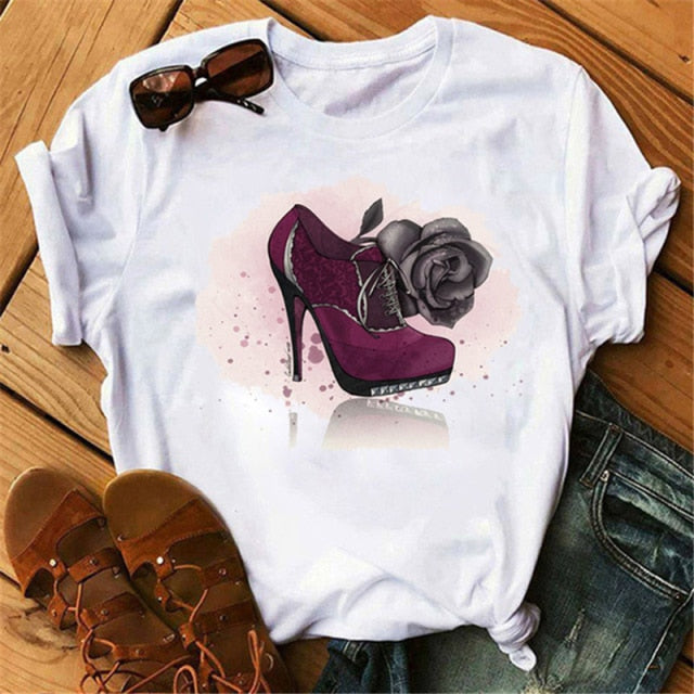 ZOGANKIN Womens Black T-Shirt Summer New Fashion Leopard High Heel Short Sleeve Print Clothes Ladies Graphic Tops Female Clothes