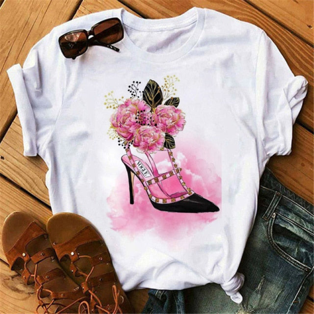 ZOGANKIN Womens Black T-Shirt Summer New Fashion Leopard High Heel Short Sleeve Print Clothes Ladies Graphic Tops Female Clothes