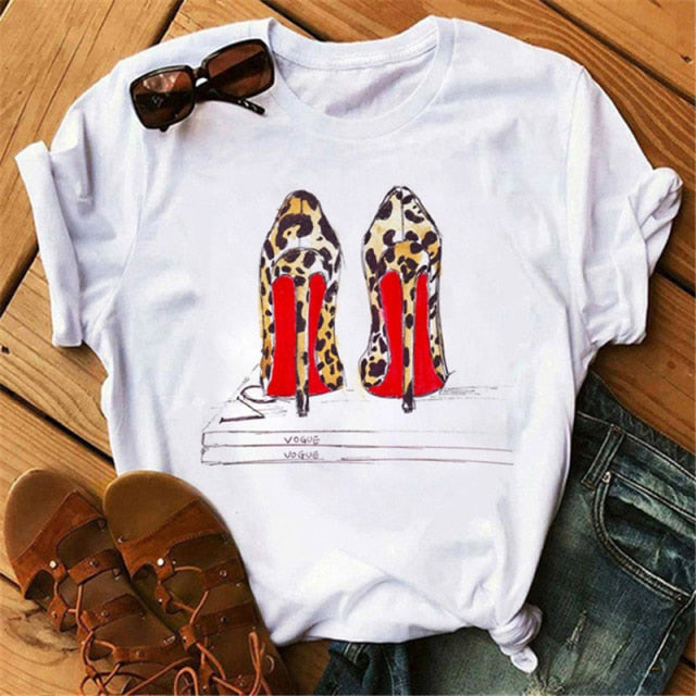 ZOGANKIN Womens Black T-Shirt Summer New Fashion Leopard High Heel Short Sleeve Print Clothes Ladies Graphic Tops Female Clothes