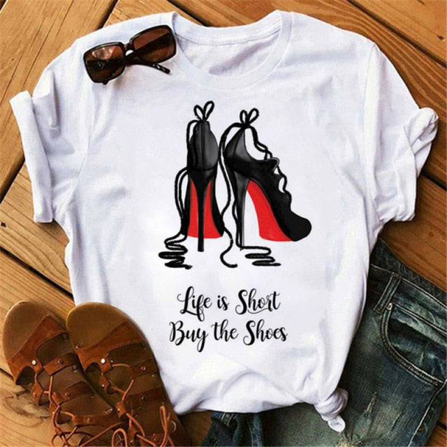 ZOGANKIN Womens Black T-Shirt Summer New Fashion Leopard High Heel Short Sleeve Print Clothes Ladies Graphic Tops Female Clothes
