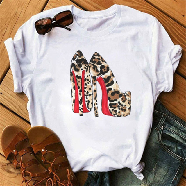 ZOGANKIN Womens Black T-Shirt Summer New Fashion Leopard High Heel Short Sleeve Print Clothes Ladies Graphic Tops Female Clothes