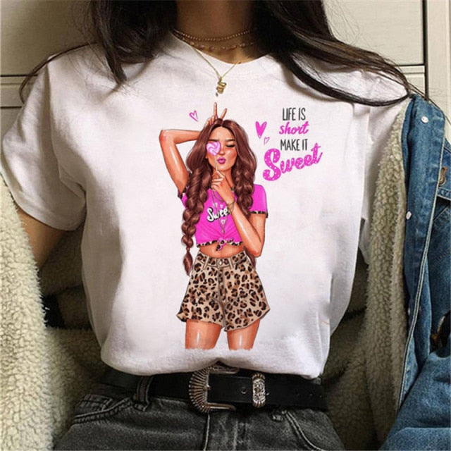 ZOGANKIN Womens Black T-Shirt Summer New Fashion Leopard High Heel Short Sleeve Print Clothes Ladies Graphic Tops Female Clothes
