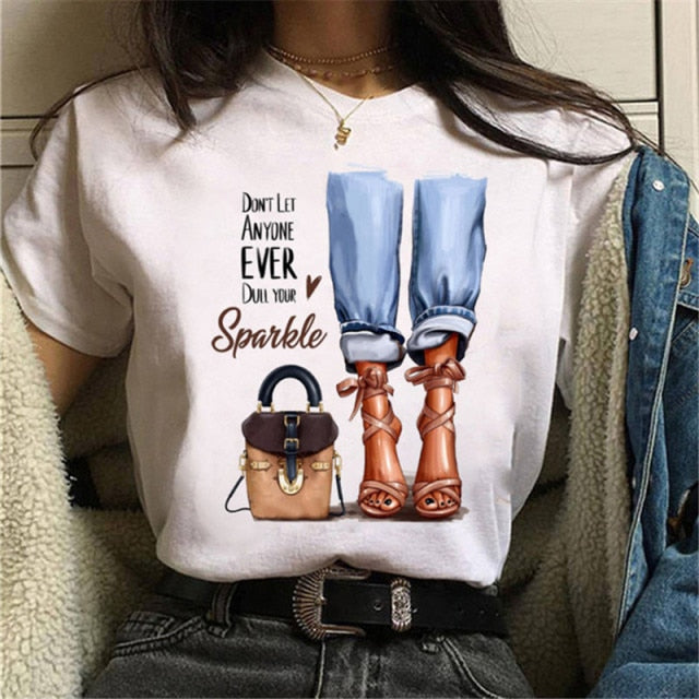 ZOGANKIN Womens Black T-Shirt Summer New Fashion Leopard High Heel Short Sleeve Print Clothes Ladies Graphic Tops Female Clothes