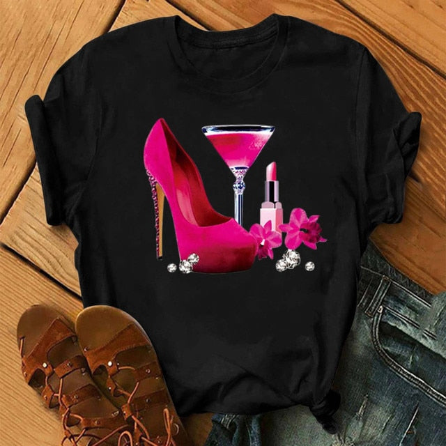 ZOGANKIN Womens Black T-Shirt Summer New Fashion Leopard High Heel Short Sleeve Print Clothes Ladies Graphic Tops Female Clothes