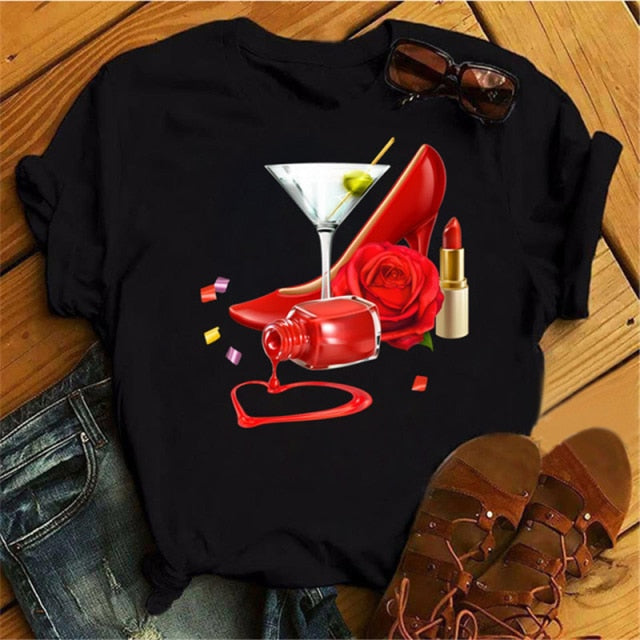 ZOGANKIN Womens Black T-Shirt Summer New Fashion Leopard High Heel Short Sleeve Print Clothes Ladies Graphic Tops Female Clothes