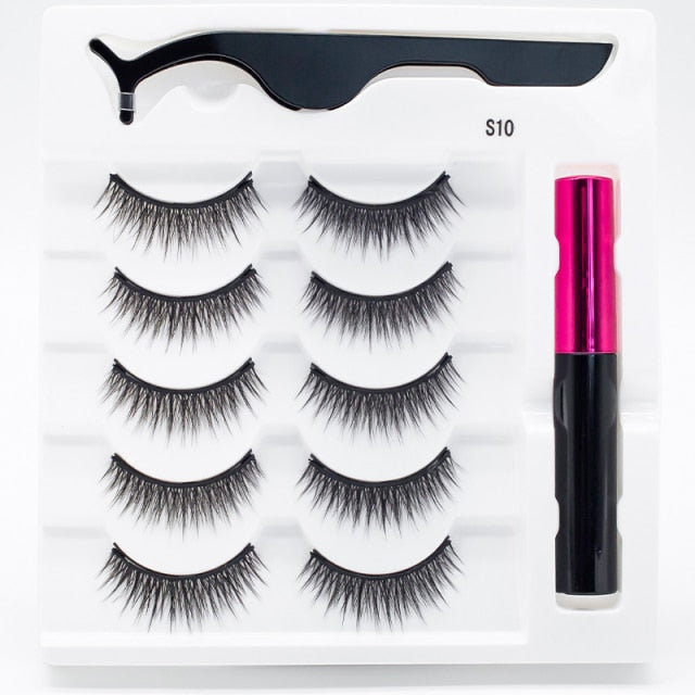 5 Pairs/Set Magnetic Eyelashes False Lashes Repeated Use Eyelashes Waterproof Liquid Eyeliner With Tweezer Makeup Set