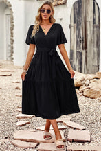 Load image into Gallery viewer, Belted Flutter Sleeve Tiered Surplice Dress
