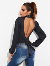 Load image into Gallery viewer, Backless Tie-Waist Turtleneck Lantern Sleeve Bodysuit
