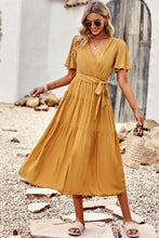 Load image into Gallery viewer, Belted Flutter Sleeve Tiered Surplice Dress
