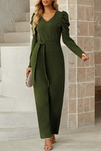 Load image into Gallery viewer, Belted Long Puff Sleeve V-Neck Jumpsuit
