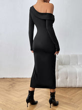 Load image into Gallery viewer, Asymmetrical Neck Long Sleeve Slit Dress
