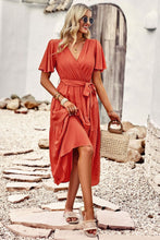 Load image into Gallery viewer, Belted Flutter Sleeve Tiered Surplice Dress
