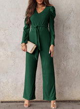 Load image into Gallery viewer, Belted Long Puff Sleeve V-Neck Jumpsuit
