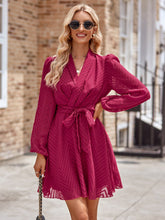 Load image into Gallery viewer, Belted Surplice Neck Long Sleeve Mini Dress
