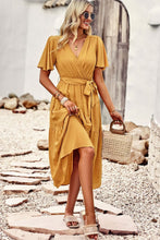 Load image into Gallery viewer, Belted Flutter Sleeve Tiered Surplice Dress
