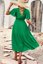 Load image into Gallery viewer, Belted Flutter Sleeve Tiered Surplice Dress
