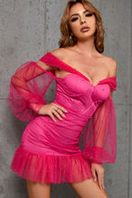 Load image into Gallery viewer, Beaded Off-Shoulder Mesh Sleeve Ruffle Hem Mini Dress
