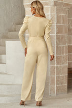 Load image into Gallery viewer, Belted Long Puff Sleeve V-Neck Jumpsuit
