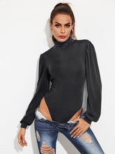 Load image into Gallery viewer, Backless Tie-Waist Turtleneck Lantern Sleeve Bodysuit
