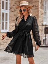 Load image into Gallery viewer, Belted Surplice Neck Long Sleeve Mini Dress
