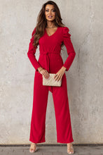 Load image into Gallery viewer, Belted Long Puff Sleeve V-Neck Jumpsuit
