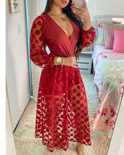 Load image into Gallery viewer, 2021 Women&#39;s Clothing Spring Polkadot Print Wrap Long Sleeve Maxi Dress See Through Party Wedding Formal Elegant Boho V Neck
