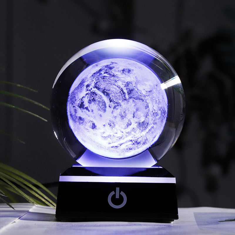 New 80mm K9 Crystal Solar System Planet Globe 3D Laser Engraved Sun System Ball with Touch Switch LED Light Base Astronomy Gifts