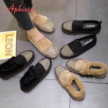 Load image into Gallery viewer, Aphixta Warm Real Mink Fur Shoes Women Luxury Crystal Hand Stitching Leather Winter Shoes Woman Slip-on Platform Flats
