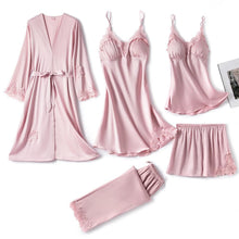 Load image into Gallery viewer, 5PC Silk Robe Sleep Suit Womens Lace Satin Pajamas Gown Set V-Neck Cami Nighties Wear Pijama Home Nightwear Spring Nightdress
