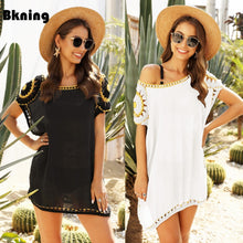 Load image into Gallery viewer, Black Beach Dress for Women Tunics Crochet Flower Swimsuit Cover Up Solid White Tunic 2022 Summer Beachwear Bikini Pareo Ups
