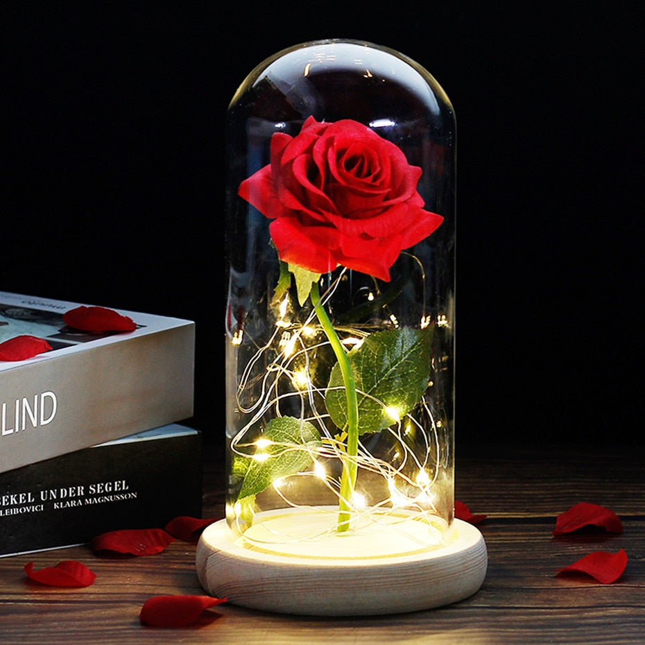 Beauty And The Beast Rose, Enchanted Rose With LED Lights In Glass Dome