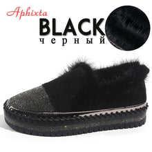 Load image into Gallery viewer, Aphixta Warm Real Mink Fur Shoes Women Luxury Crystal Hand Stitching Leather Winter Shoes Woman Slip-on Platform Flats
