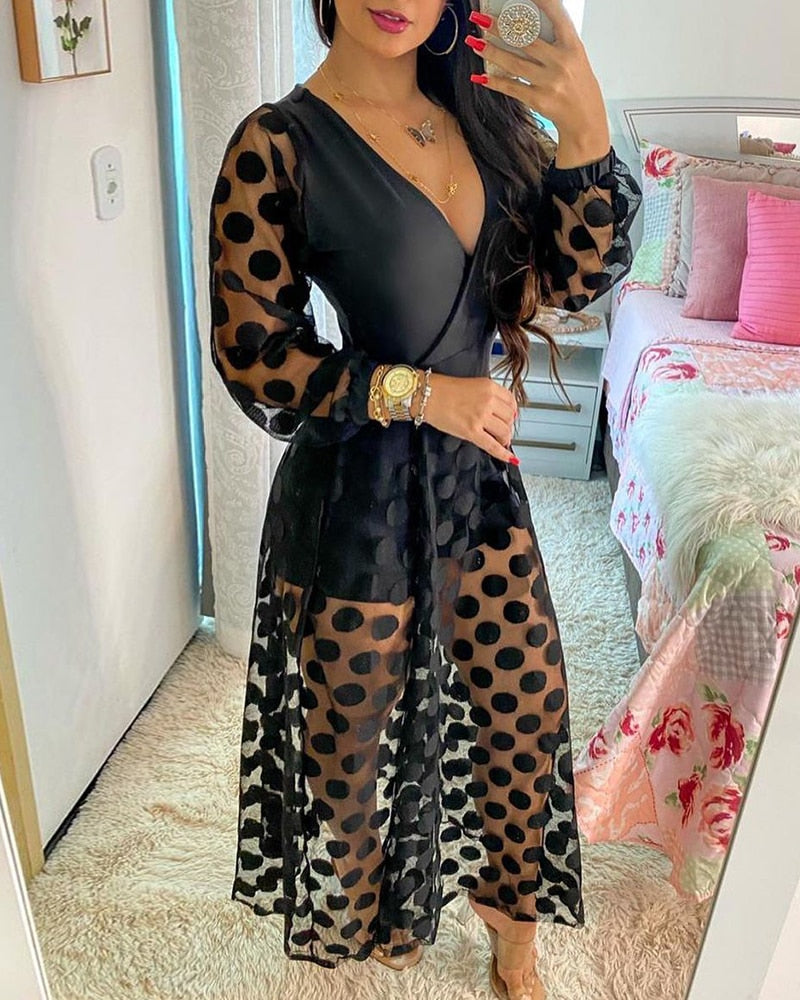 2021 Women's Clothing Spring Polkadot Print Wrap Long Sleeve Maxi Dress See Through Party Wedding Formal Elegant Boho V Neck