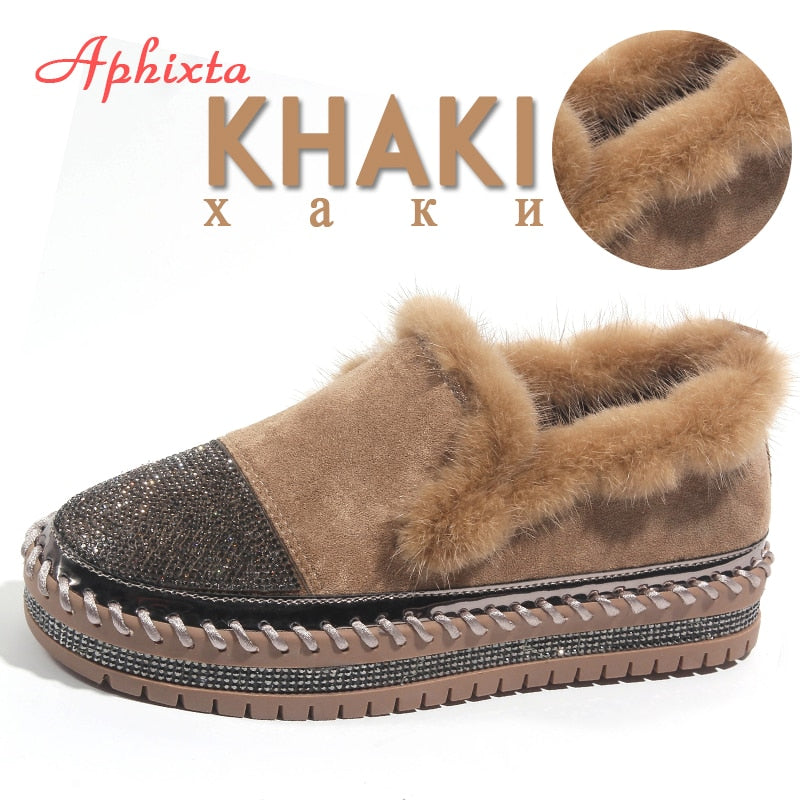 Aphixta Warm Real Mink Fur Shoes Women Luxury Crystal Hand Stitching Leather Winter Shoes Woman Slip-on Platform Flats