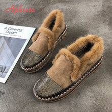 Load image into Gallery viewer, Aphixta Warm Real Mink Fur Shoes Women Luxury Crystal Hand Stitching Leather Winter Shoes Woman Slip-on Platform Flats
