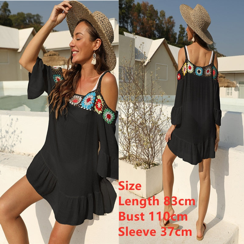 Black Beach Dress for Women Tunics Crochet Flower Swimsuit Cover Up Solid White Tunic 2022 Summer Beachwear Bikini Pareo Ups