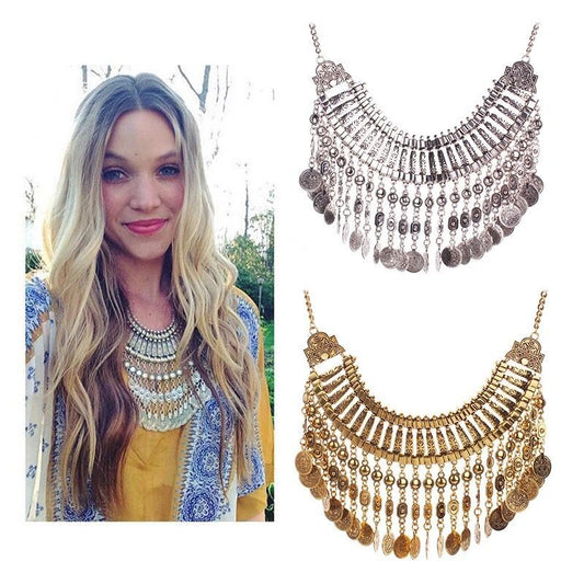 Ztech Boho Antique Coin Necklace for Women African Statement Tibetan Long Tassel Necklaces & Pendant Bohemian Maxi Jewelry Women
