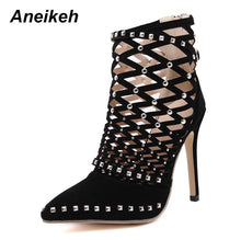 Load image into Gallery viewer, Aneikeh 2022 Gladiator Roman Sandals Summer Rivet Studded Cut Out Caged Ankle Boots Stiletto High Heel Women Sexy Shoes Pumps
