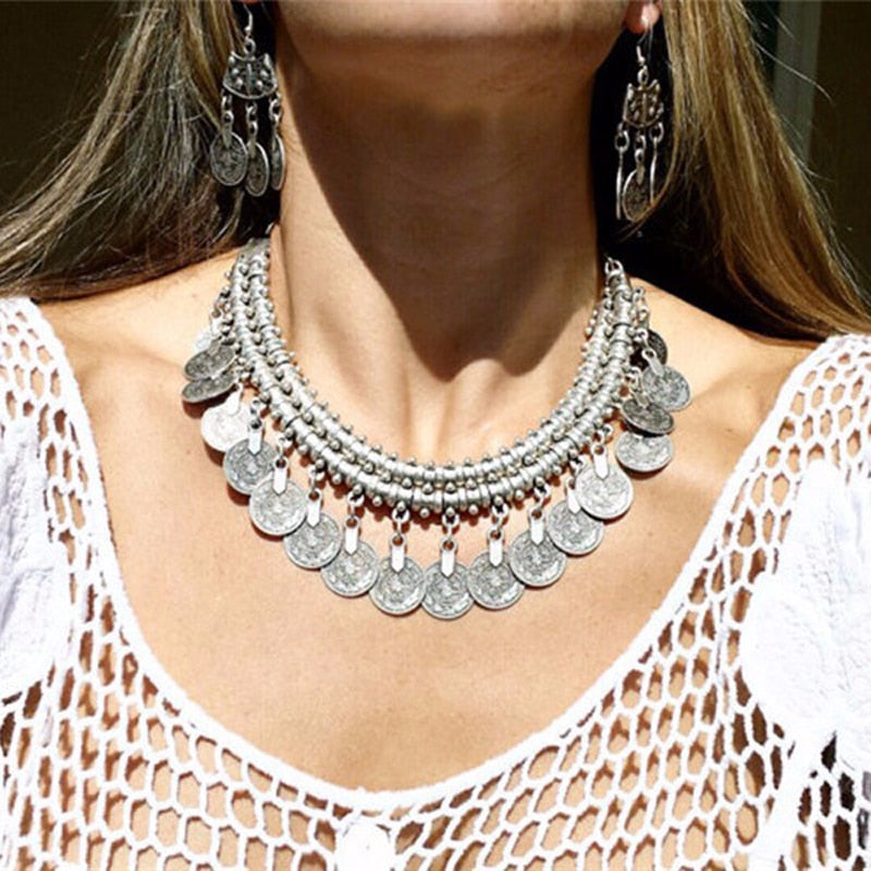 Ztech Boho Antique Coin Necklace for Women African Statement Tibetan Long Tassel Necklaces & Pendant Bohemian Maxi Jewelry Women