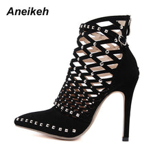 Load image into Gallery viewer, Aneikeh 2022 Gladiator Roman Sandals Summer Rivet Studded Cut Out Caged Ankle Boots Stiletto High Heel Women Sexy Shoes Pumps
