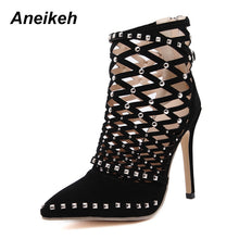 Load image into Gallery viewer, Aneikeh 2022 Gladiator Roman Sandals Summer Rivet Studded Cut Out Caged Ankle Boots Stiletto High Heel Women Sexy Shoes Pumps
