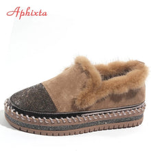 Load image into Gallery viewer, Aphixta Warm Real Mink Fur Shoes Women Luxury Crystal Hand Stitching Leather Winter Shoes Woman Slip-on Platform Flats
