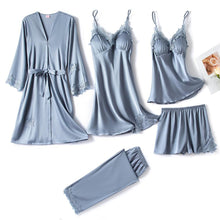 Load image into Gallery viewer, 5PC Silk Robe Sleep Suit Womens Lace Satin Pajamas Gown Set V-Neck Cami Nighties Wear Pijama Home Nightwear Spring Nightdress
