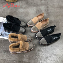 Load image into Gallery viewer, Aphixta Warm Real Mink Fur Shoes Women Luxury Crystal Hand Stitching Leather Winter Shoes Woman Slip-on Platform Flats
