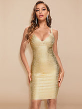 Load image into Gallery viewer, BEAUKEY High Quality Gold Print HL Bandage Dress Deep V-Neck Foiling Sexy Celebrity Maxi XL Bodycon Cocktail Party Club Dress
