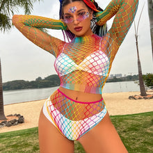 Load image into Gallery viewer, Beach Wear Cover Ups Shoulder Rainbow Hollow Out Mesh Crochet Dress WomanSwimsuit Cover Up Maillot De Bain Robe Ete Femme Qq653
