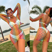 Load image into Gallery viewer, Beach Wear Cover Ups Shoulder Rainbow Hollow Out Mesh Crochet Dress WomanSwimsuit Cover Up Maillot De Bain Robe Ete Femme Qq653
